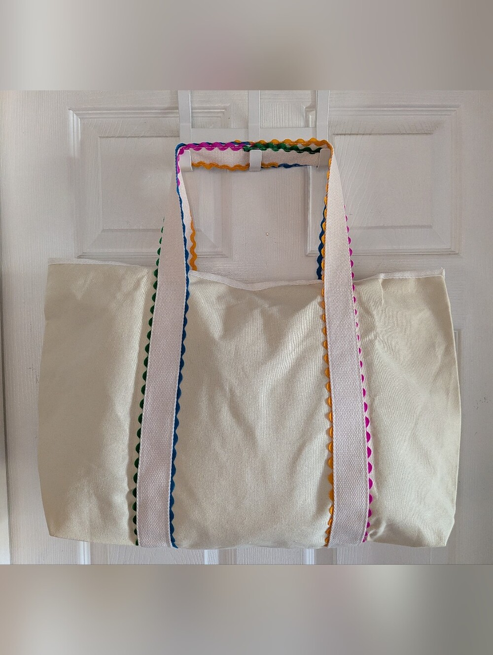 Canvas Tote Bag for, Rainbow Rick Rack Trim Handbag, Large Shoulder - Picture 8 of 16